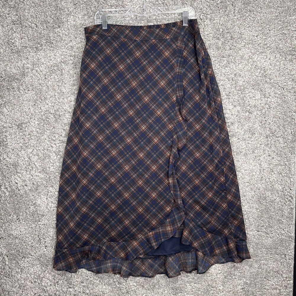 Maurice’s Plaid Maxi Skirt Ruffle Blue Size Large Pull On Flowy Lined Boho